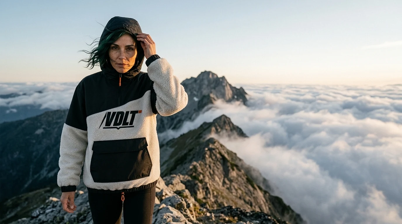 Mujer con el Anorak Cresta de VDLT caminando por una cresta de roca sobre un mar de nubes, con la capucha puesta contra el viento