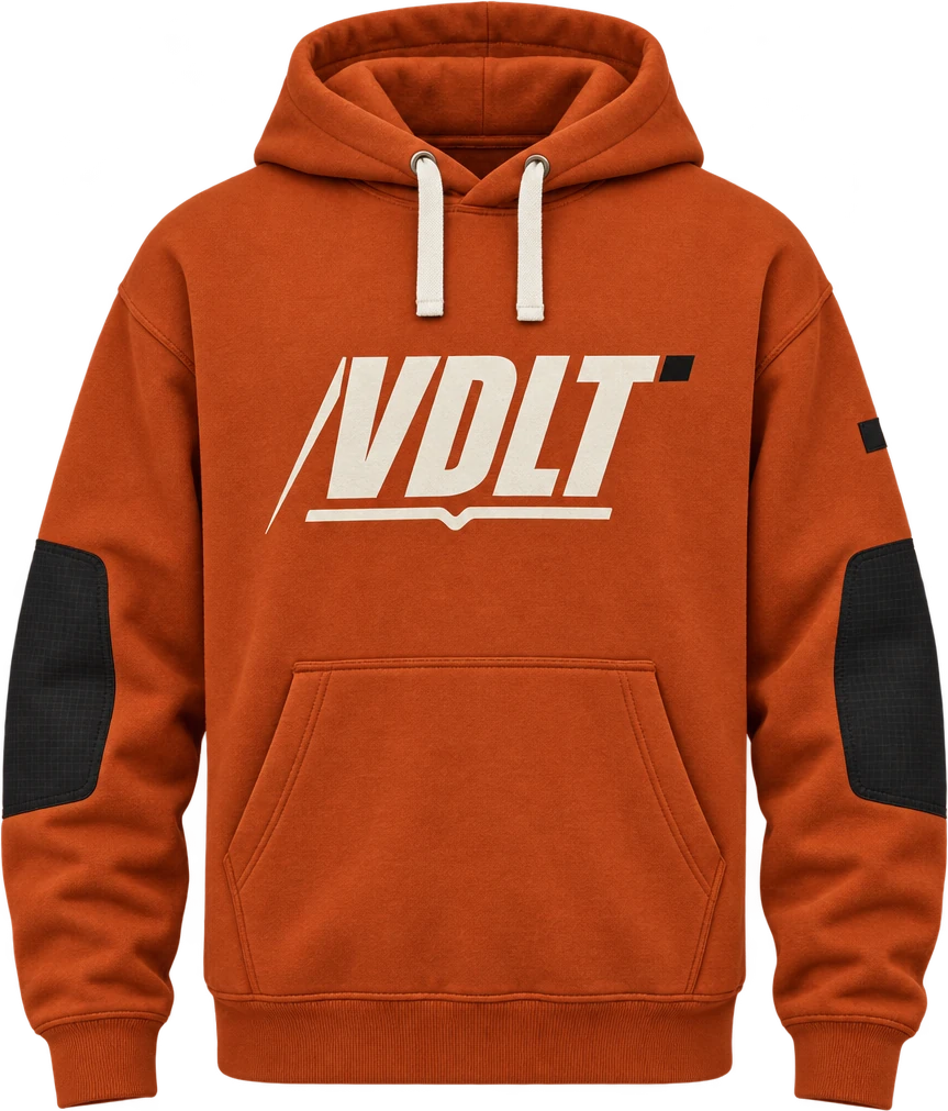 Sudadera Collado de VDLT, naranja quemado con logo en el pecho y refuerzos negros en los codos
